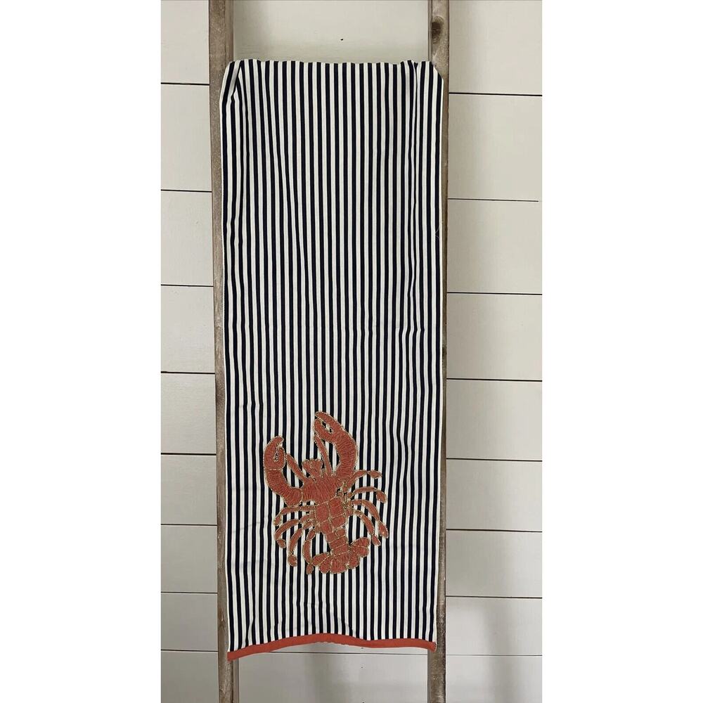 Pier 1 Imports Beaded Embroidered Lobster Blue Stripe Table Runner 13.5" x 72"